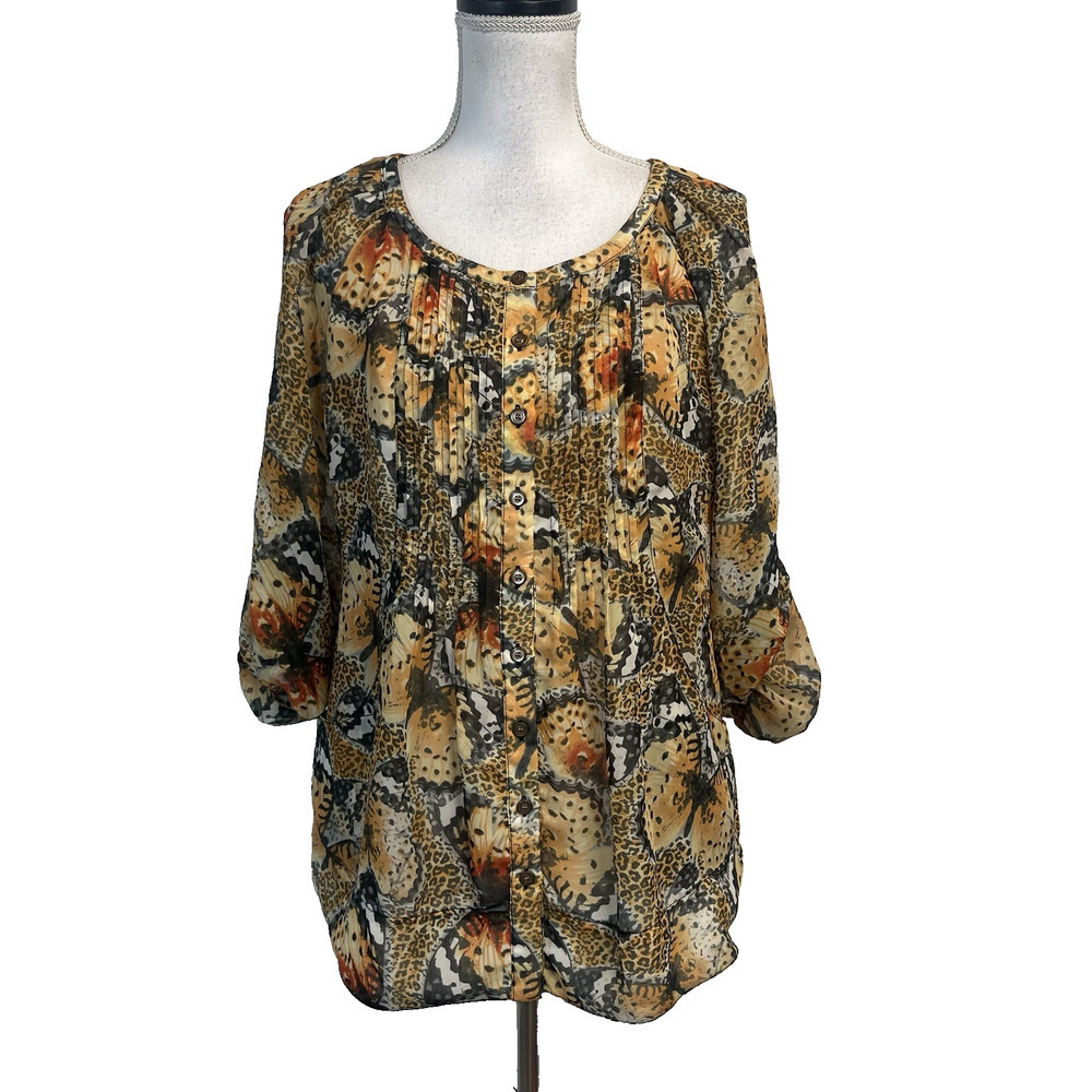 Grace Elements Tunic Top sz Medium Black Orange Butterflies Sheer Boho Pockets